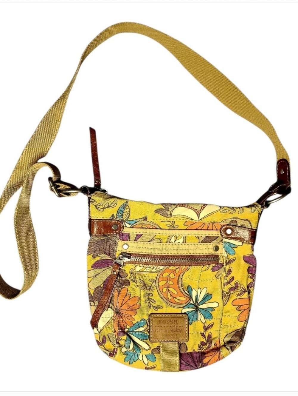 Fossil Long Live Vintage 1954 Floral Canvas Crossbody Bag Yellow Orange